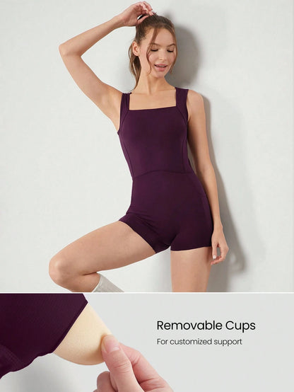 GLOWMODE 2.6'' ButterFit Sweat-Wicking Quick-Dry Tummy Control Cutout Back Workout Romper Bodyduit With Side Pockets Non-Slip Grips Yoga Pilates