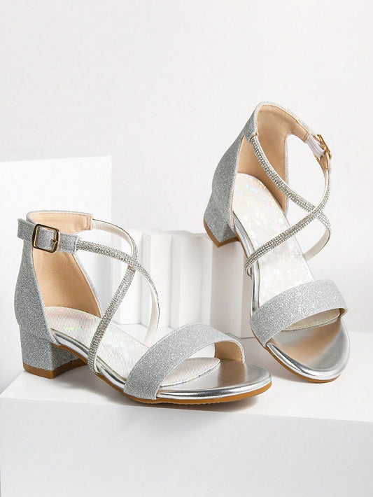 Gold/Silver Glitter Children High Heel Sandals, Suitable To Match With Shiny Dresses For Summer Outings
