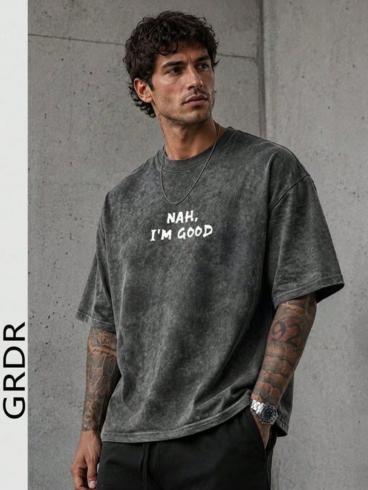 GRDR Men's Summer Letter Print Casual Round Neck Short Sleeve Washed T-Shirt, Comfortable & Fashionable