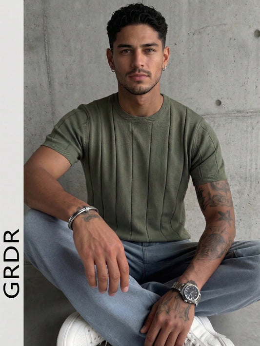 GRDR Men's Thin Summer Knit Sweater Solid Color Ribbed Short Sleeve, Sports Casual, Suitable For Outdoor Sports