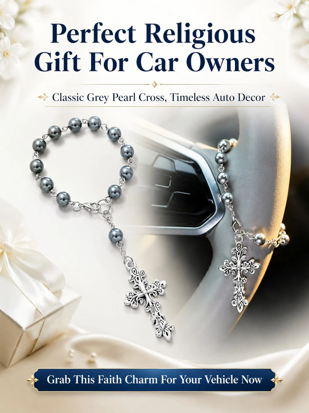 Grey Pearl Cross Car Steering Wheel Prayer Hanging Ornament, Vintage Elegant Silver Cross Pendant Rosary Car Interior Decor, Lightweight Religious Car Accessory, Catholic Christian Driver Gift