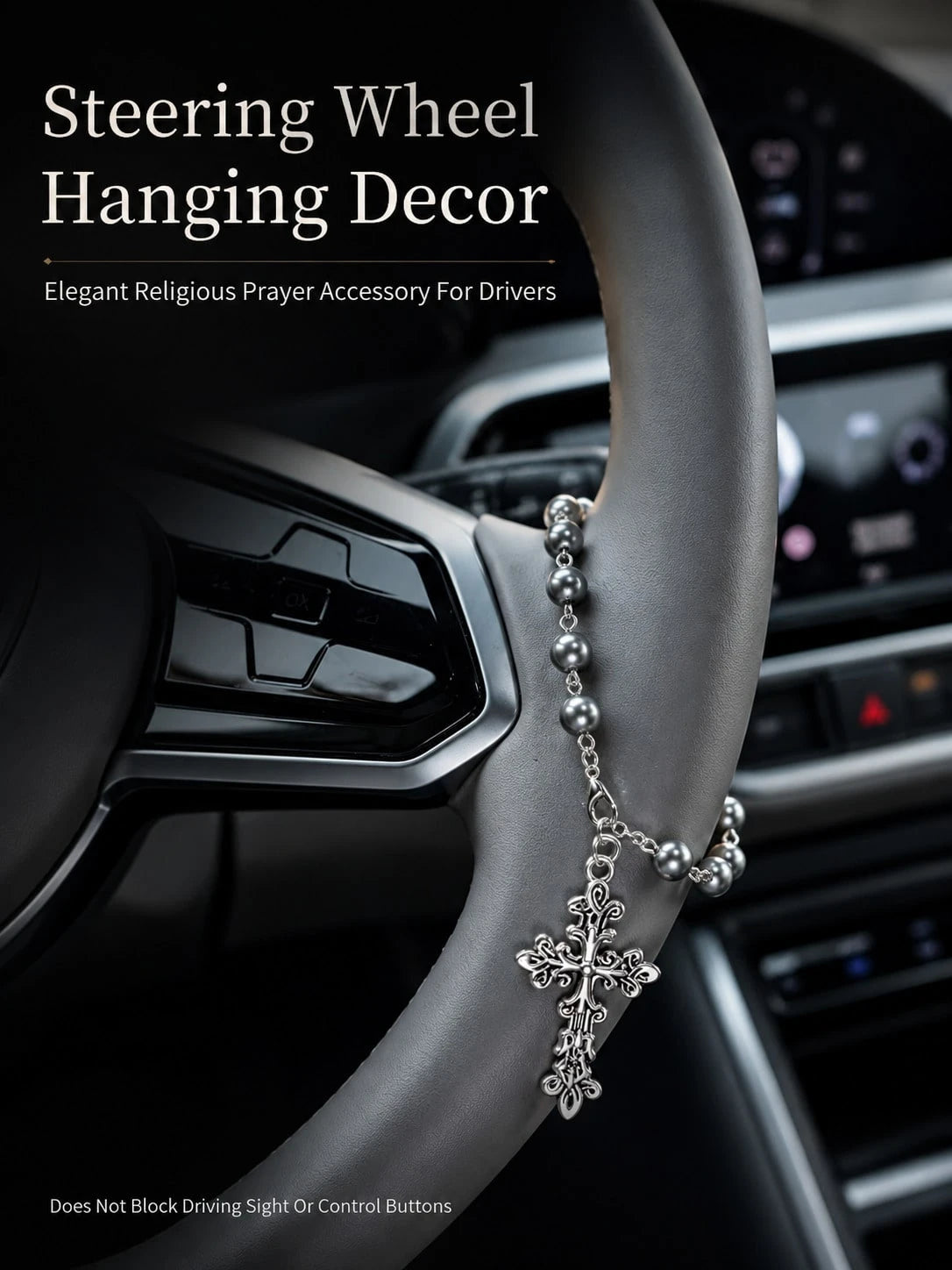 Grey Pearl Cross Car Steering Wheel Prayer Hanging Ornament, Vintage Elegant Silver Cross Pendant Rosary Car Interior Decor, Lightweight Religious Car Accessory, Catholic Christian Driver Gift