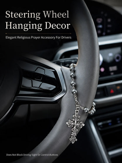Grey Pearl Cross Car Steering Wheel Prayer Hanging Ornament, Vintage Elegant Silver Cross Pendant Rosary Car Interior Decor, Lightweight Religious Car Accessory, Catholic Christian Driver Gift