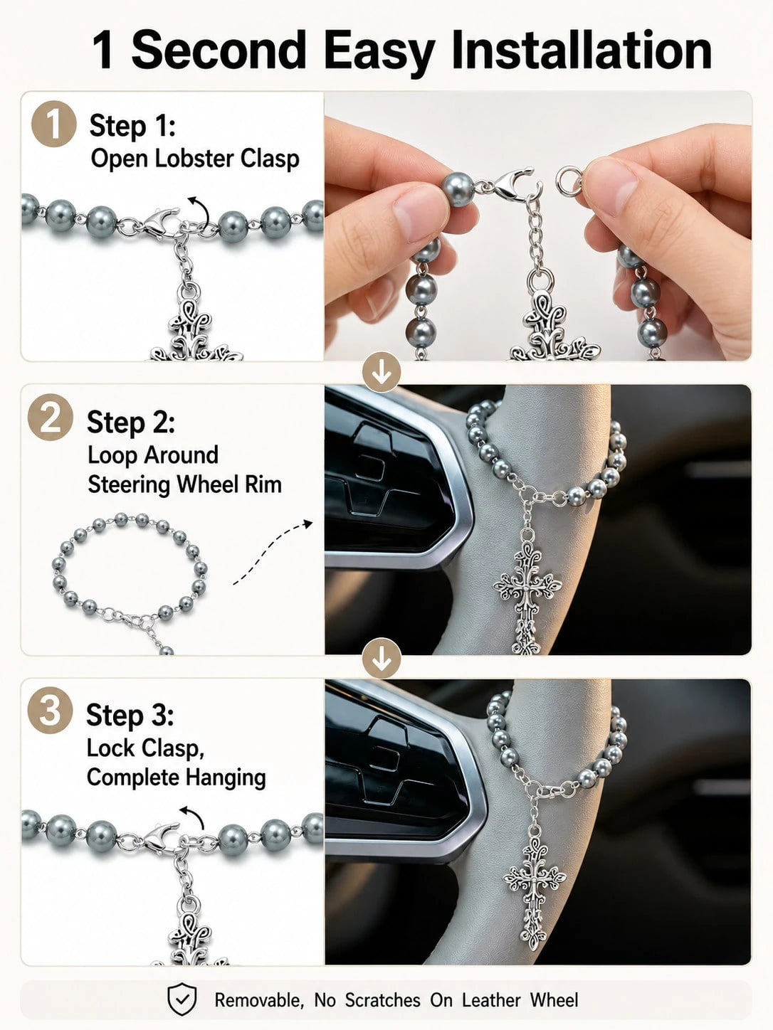Grey Pearl Cross Car Steering Wheel Prayer Hanging Ornament, Vintage Elegant Silver Cross Pendant Rosary Car Interior Decor, Lightweight Religious Car Accessory, Catholic Christian Driver Gift