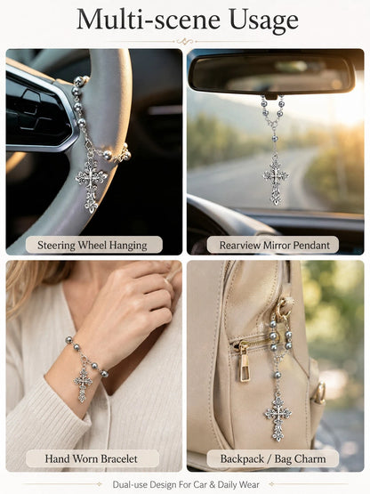 Grey Pearl Cross Car Steering Wheel Prayer Hanging Ornament, Vintage Elegant Silver Cross Pendant Rosary Car Interior Decor, Lightweight Religious Car Accessory, Catholic Christian Driver Gift
