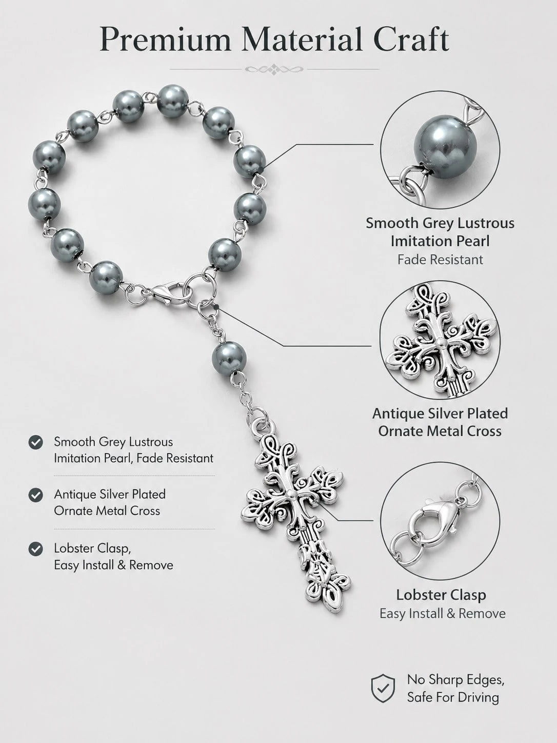 Grey Pearl Cross Car Steering Wheel Prayer Hanging Ornament, Vintage Elegant Silver Cross Pendant Rosary Car Interior Decor, Lightweight Religious Car Accessory, Catholic Christian Driver Gift