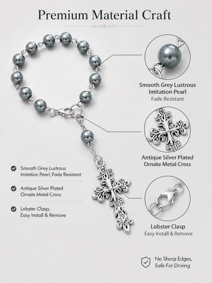 Grey Pearl Cross Car Steering Wheel Prayer Hanging Ornament, Vintage Elegant Silver Cross Pendant Rosary Car Interior Decor, Lightweight Religious Car Accessory, Catholic Christian Driver Gift