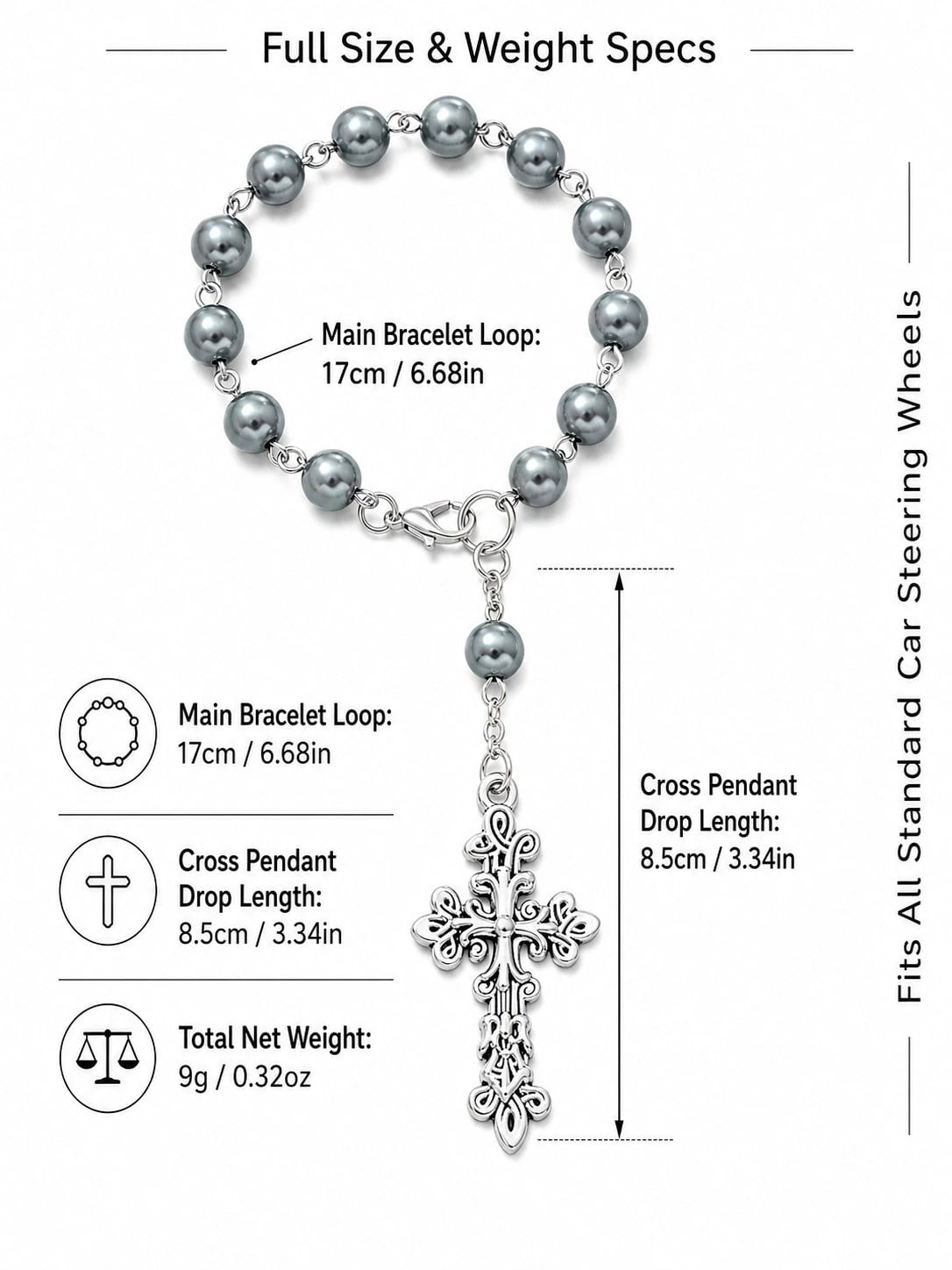 Grey Pearl Cross Car Steering Wheel Prayer Hanging Ornament, Vintage Elegant Silver Cross Pendant Rosary Car Interior Decor, Lightweight Religious Car Accessory, Catholic Christian Driver Gift