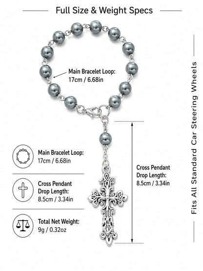 Grey Pearl Cross Car Steering Wheel Prayer Hanging Ornament, Vintage Elegant Silver Cross Pendant Rosary Car Interior Decor, Lightweight Religious Car Accessory, Catholic Christian Driver Gift