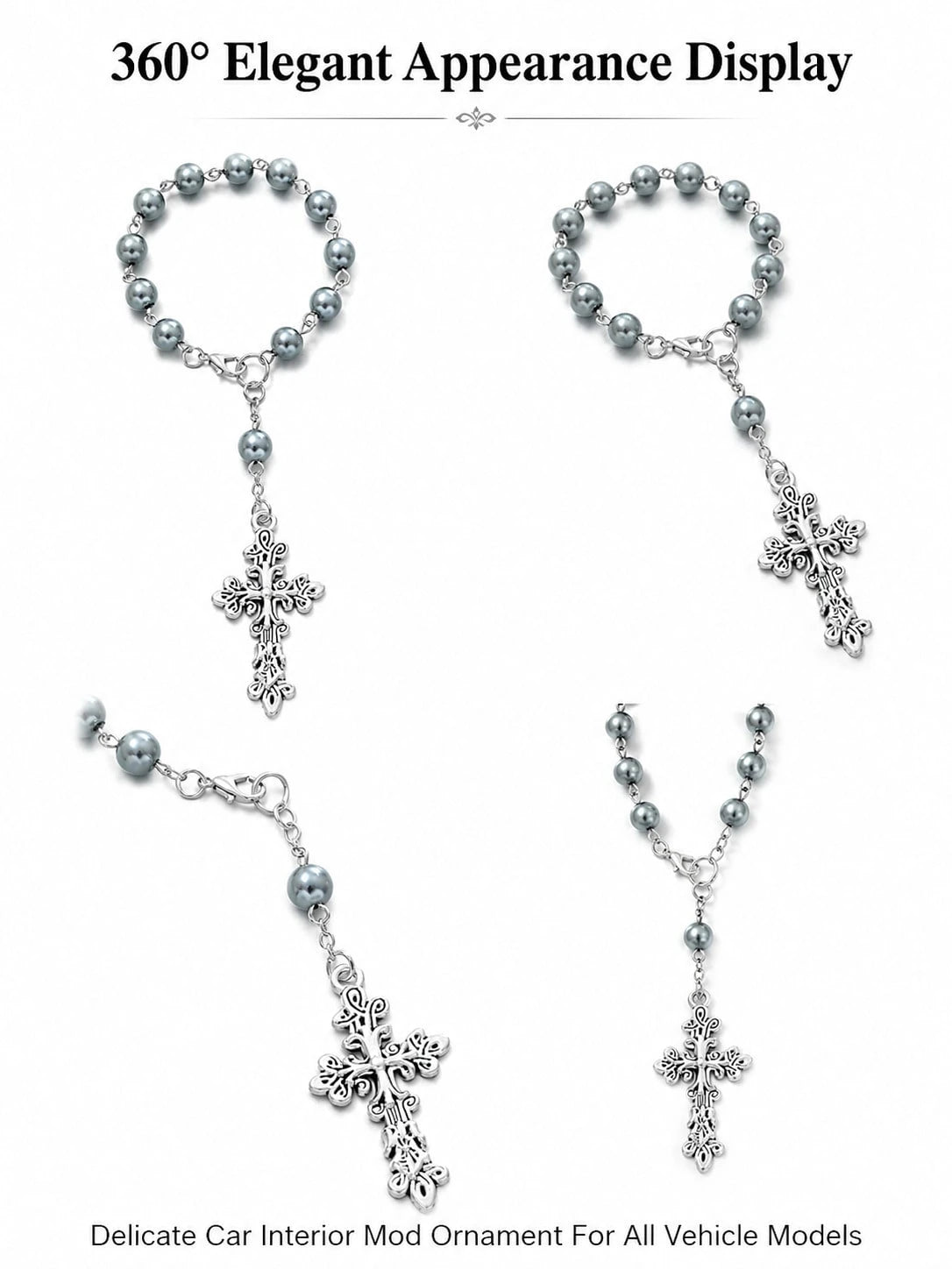 Grey Pearl Cross Car Steering Wheel Prayer Hanging Ornament, Vintage Elegant Silver Cross Pendant Rosary Car Interior Decor, Lightweight Religious Car Accessory, Catholic Christian Driver Gift