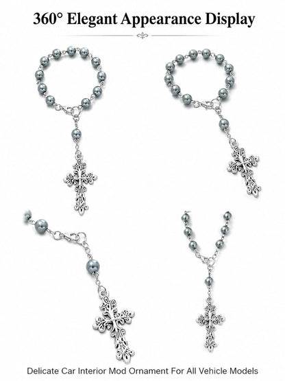 Grey Pearl Cross Car Steering Wheel Prayer Hanging Ornament, Vintage Elegant Silver Cross Pendant Rosary Car Interior Decor, Lightweight Religious Car Accessory, Catholic Christian Driver Gift