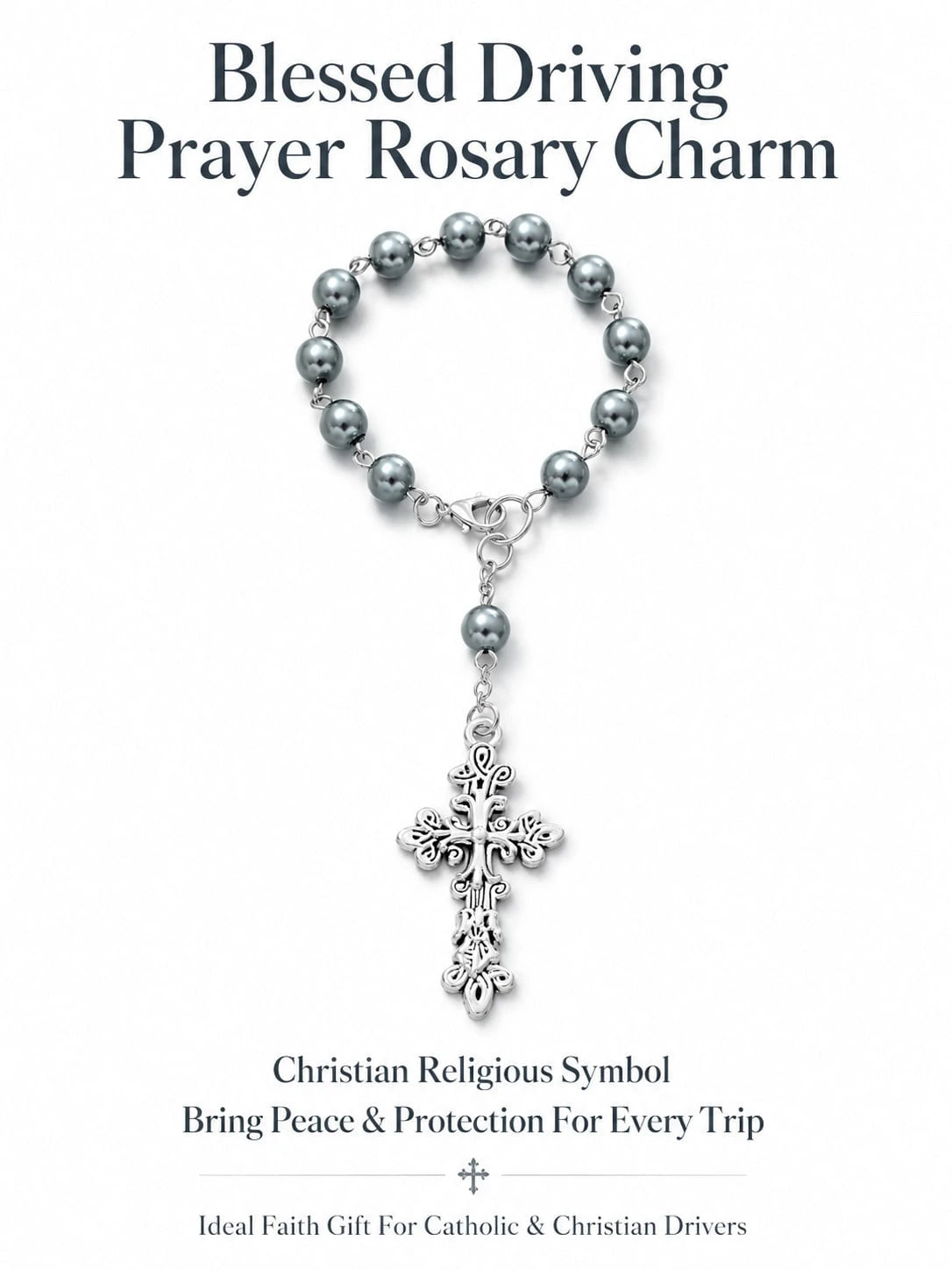 Grey Pearl Cross Car Steering Wheel Prayer Hanging Ornament, Vintage Elegant Silver Cross Pendant Rosary Car Interior Decor, Lightweight Religious Car Accessory, Catholic Christian Driver Gift