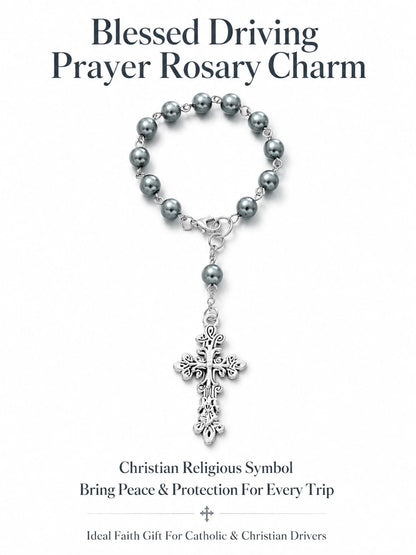 Grey Pearl Cross Car Steering Wheel Prayer Hanging Ornament, Vintage Elegant Silver Cross Pendant Rosary Car Interior Decor, Lightweight Religious Car Accessory, Catholic Christian Driver Gift