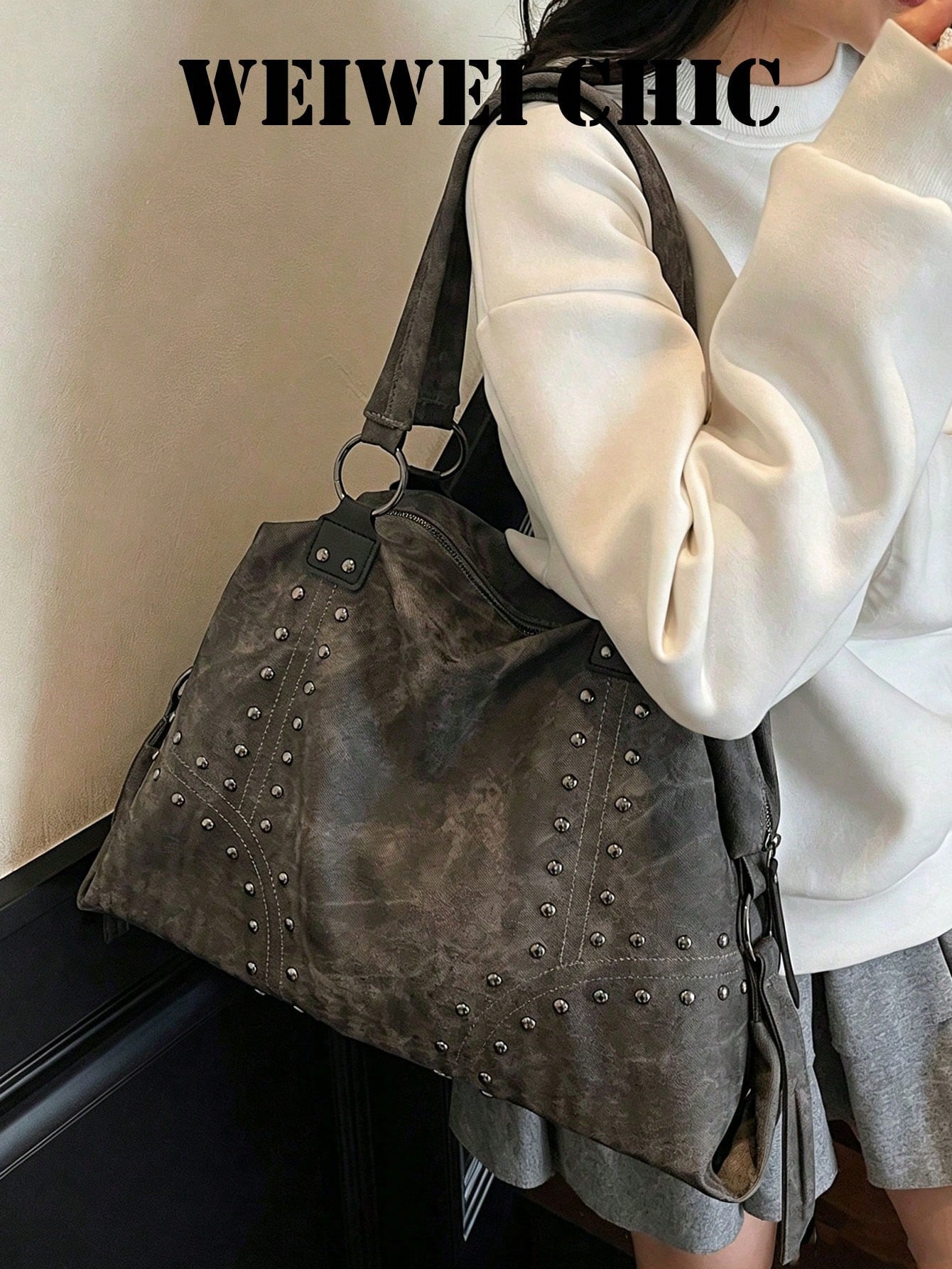 Grey Tie-Dye Large Tote Bag, Metal Rivet Geometric Stitching Shoulder Straps, Daily Commute Campus Travel