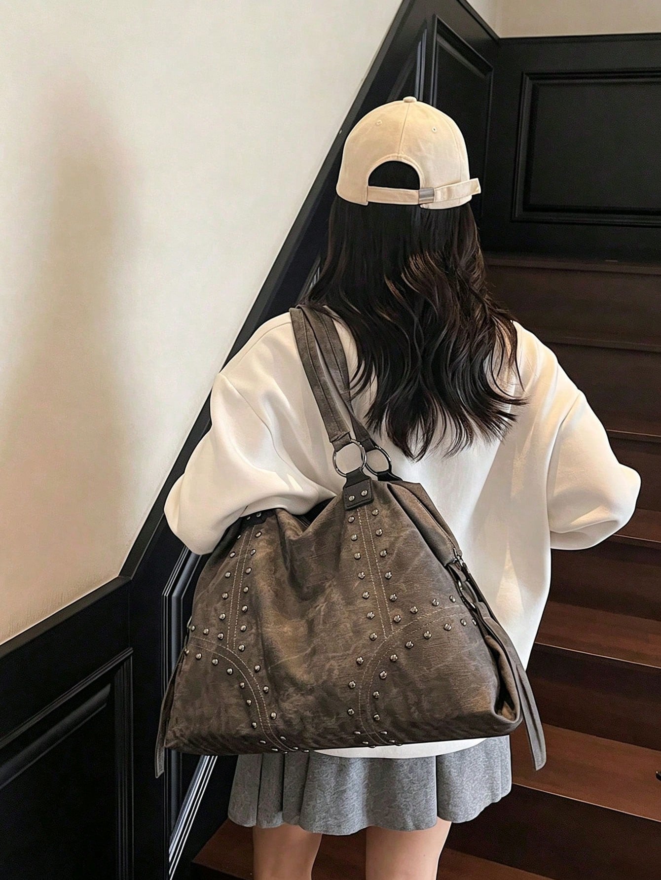 Grey Tie-Dye Large Tote Bag, Metal Rivet Geometric Stitching Shoulder Straps, Daily Commute Campus Travel