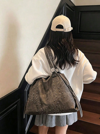 Grey Tie-Dye Large Tote Bag, Metal Rivet Geometric Stitching Shoulder Straps, Daily Commute Campus Travel