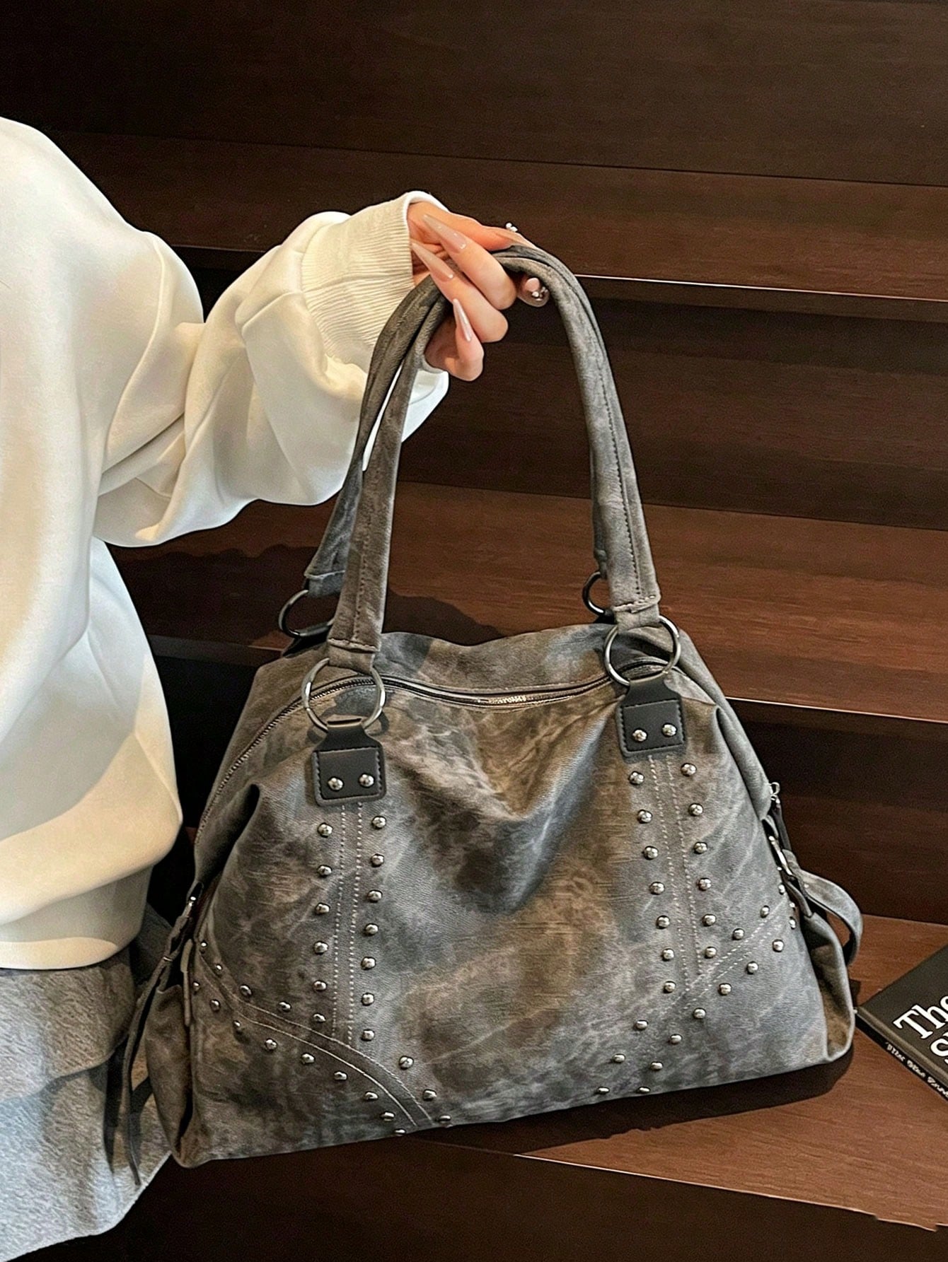 Grey Tie-Dye Large Tote Bag, Metal Rivet Geometric Stitching Shoulder Straps, Daily Commute Campus Travel