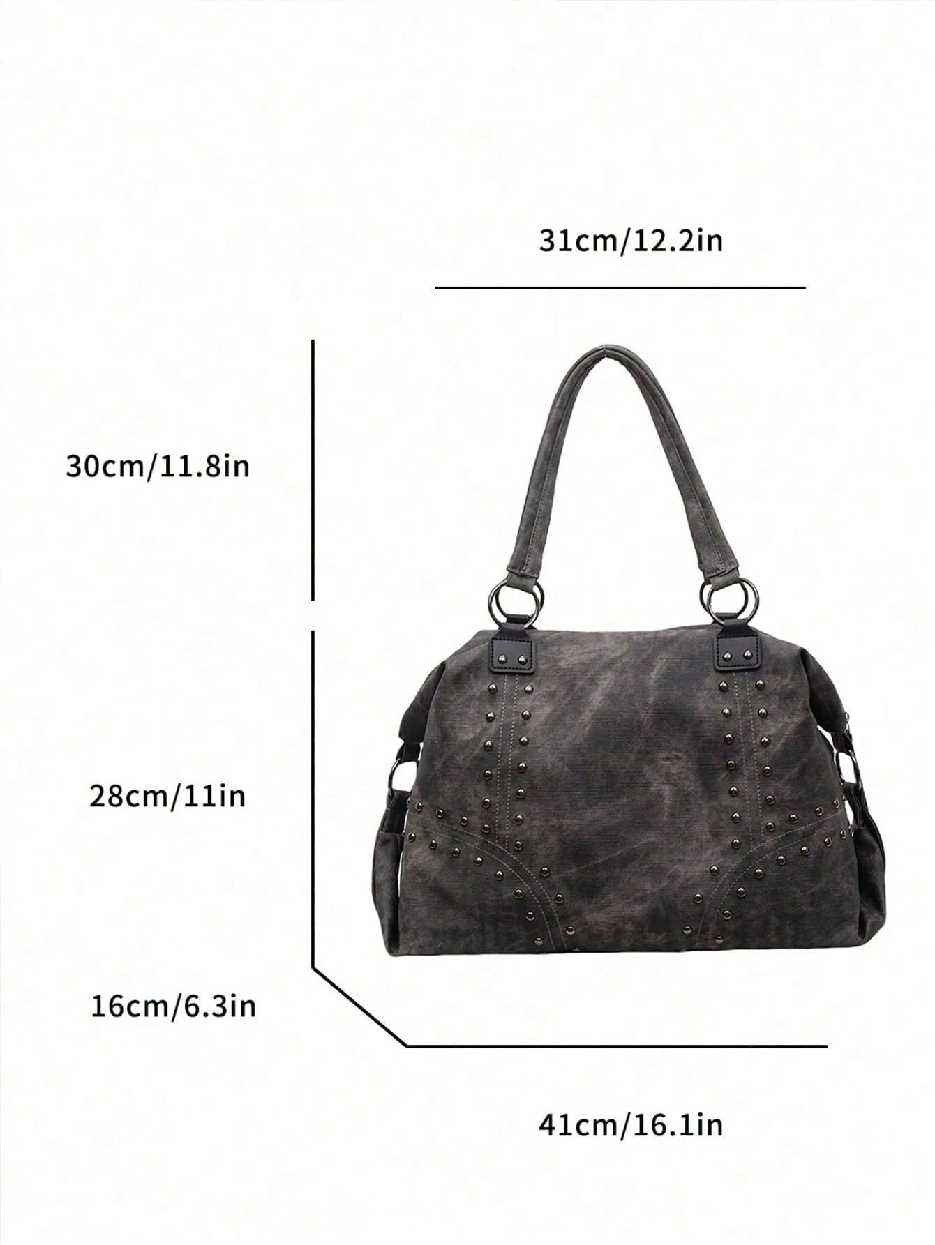 Grey Tie-Dye Large Tote Bag, Metal Rivet Geometric Stitching Shoulder Straps, Daily Commute Campus Travel