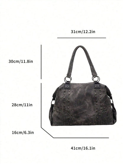 Grey Tie-Dye Large Tote Bag, Metal Rivet Geometric Stitching Shoulder Straps, Daily Commute Campus Travel