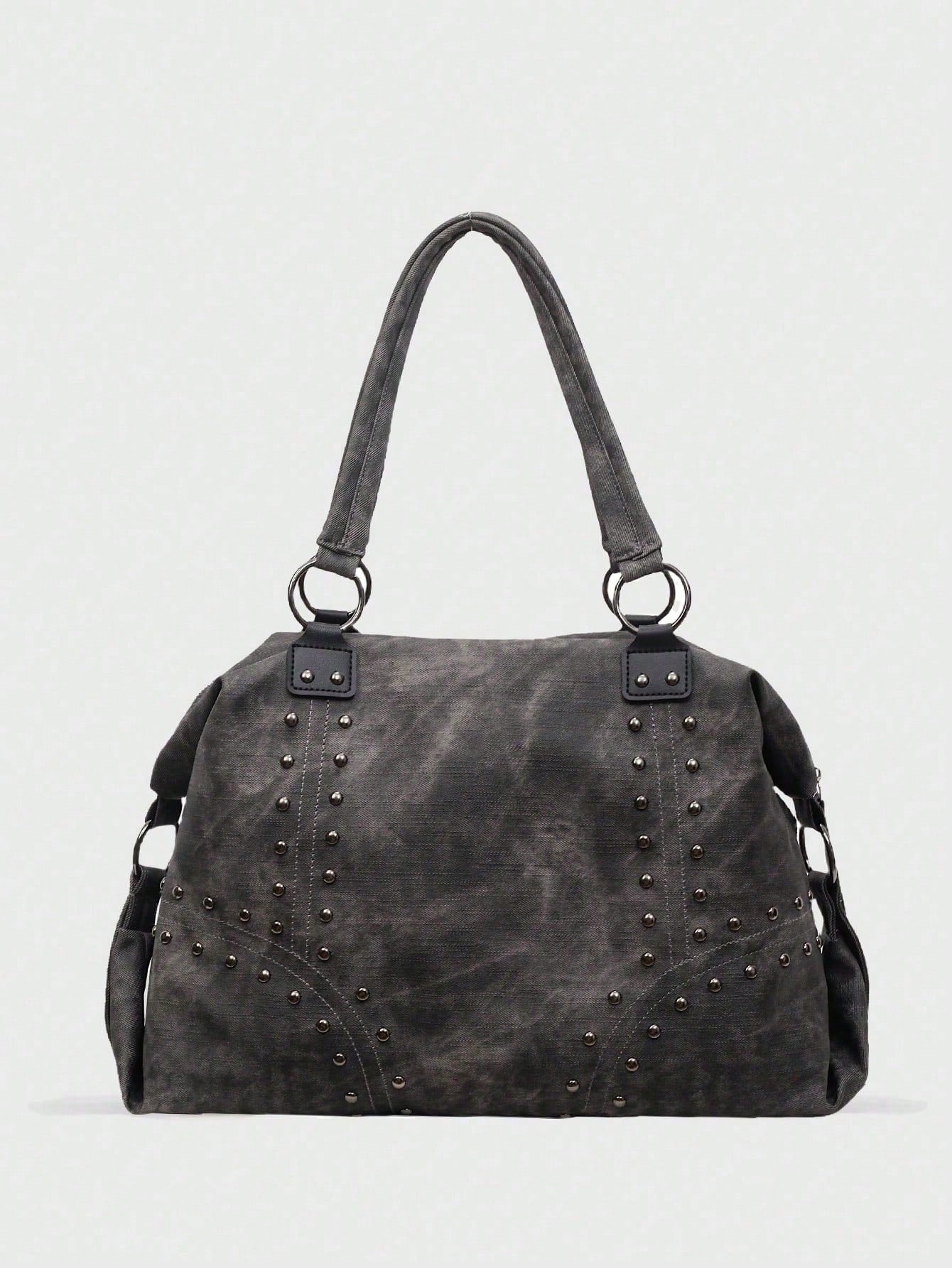 Grey Tie-Dye Large Tote Bag, Metal Rivet Geometric Stitching Shoulder Straps, Daily Commute Campus Travel