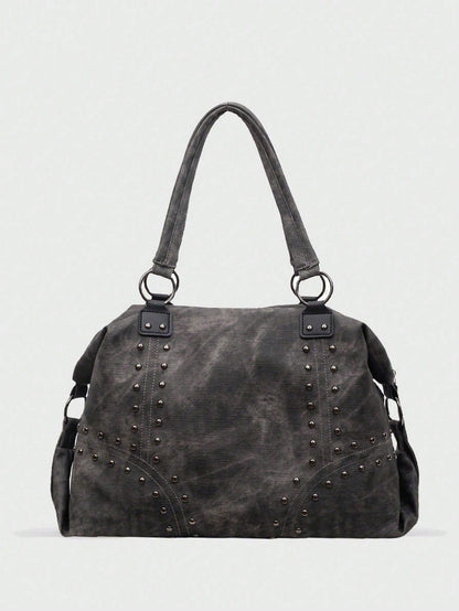 Grey Tie-Dye Large Tote Bag, Metal Rivet Geometric Stitching Shoulder Straps, Daily Commute Campus Travel