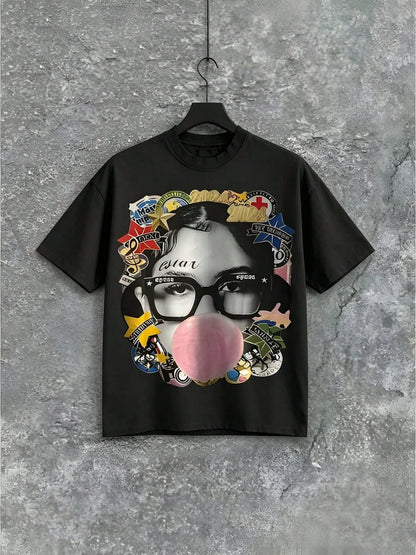 GY-Men's Abstract Pop Art Girl Blowing Bubble Gum Graphic Cotton Crew Neck T-Shirt-Men's 100% Cotton T Shirt Vintage Street-Style Graphic T Shirt, Round Neck Short Sleeves Essential For Men's, Can Be