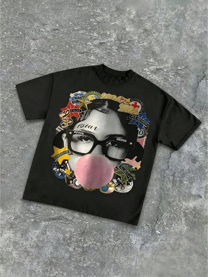 GY-Men's Abstract Pop Art Girl Blowing Bubble Gum Graphic Cotton Crew Neck T-Shirt-Men's 100% Cotton T Shirt Vintage Street-Style Graphic T Shirt, Round Neck Short Sleeves Essential For Men's, Can Be