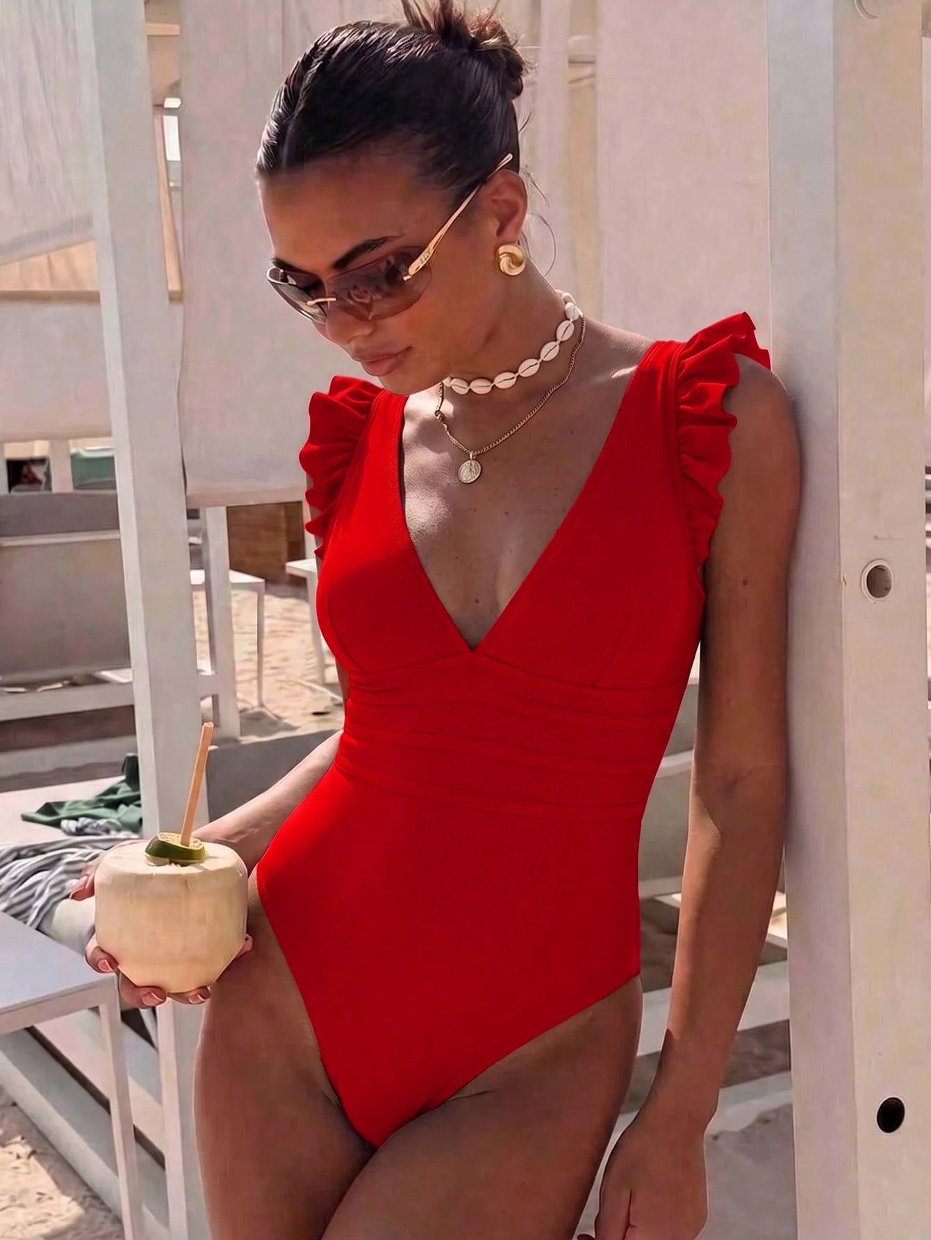 HaiiMeid Frill Trim Plunging Neck Ruched Waist One Piece Swimsuit Summer Vacation Beach Red