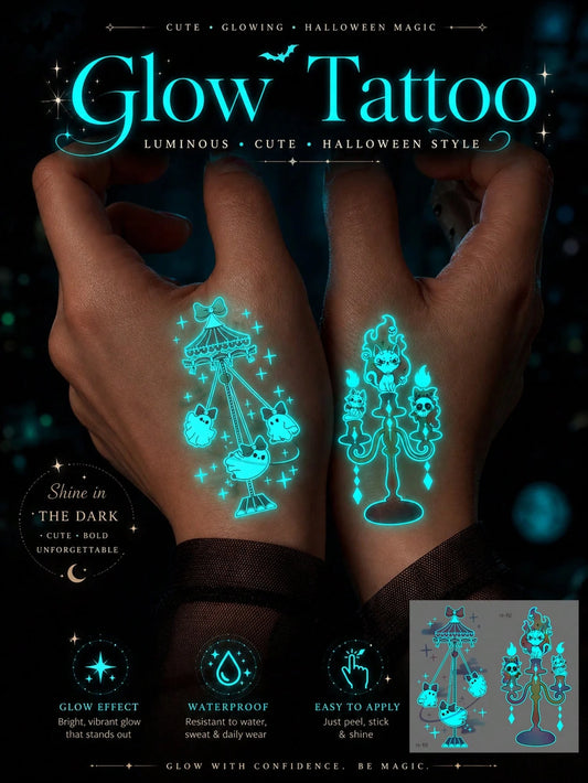 Halloween Glow Tattoo Sticker, Luminous Ghost Cat Temporary Tattoo, Cute Gothic Candle Pattern Glow In The Dark Fake Tattoo, Waterproof Long Lasting Body Art Decal For Women Girls, Perfect For Hallowe