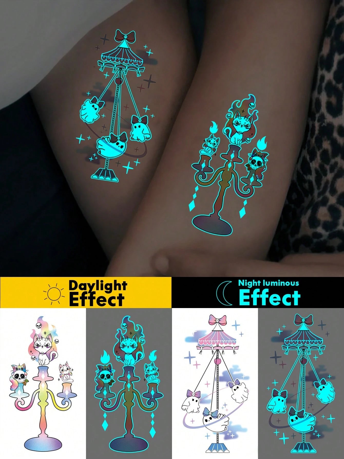 Halloween Glow Tattoo Sticker, Luminous Ghost Cat Temporary Tattoo, Cute Gothic Candle Pattern Glow In The Dark Fake Tattoo, Waterproof Long Lasting Body Art Decal For Women Girls, Perfect For Hallowe