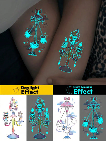 Halloween Glow Tattoo Sticker, Luminous Ghost Cat Temporary Tattoo, Cute Gothic Candle Pattern Glow In The Dark Fake Tattoo, Waterproof Long Lasting Body Art Decal For Women Girls, Perfect For Hallowe