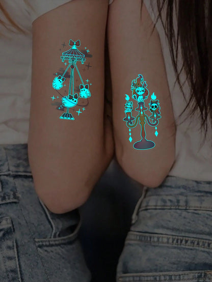 Halloween Glow Tattoo Sticker, Luminous Ghost Cat Temporary Tattoo, Cute Gothic Candle Pattern Glow In The Dark Fake Tattoo, Waterproof Long Lasting Body Art Decal For Women Girls, Perfect For Hallowe