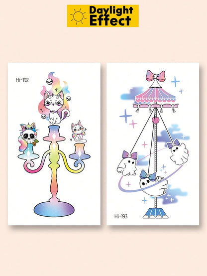 Halloween Glow Tattoo Sticker, Luminous Ghost Cat Temporary Tattoo, Cute Gothic Candle Pattern Glow In The Dark Fake Tattoo, Waterproof Long Lasting Body Art Decal For Women Girls, Perfect For Hallowe