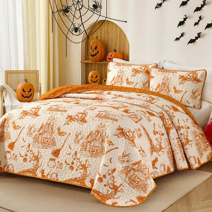Halloween Quilt Set Queen,3 Pieces Halloween Bedding Set With 2 Pillowcases Ghost Festival Themed Pumpkin Comforter Cover Set Queen 96" X 90"