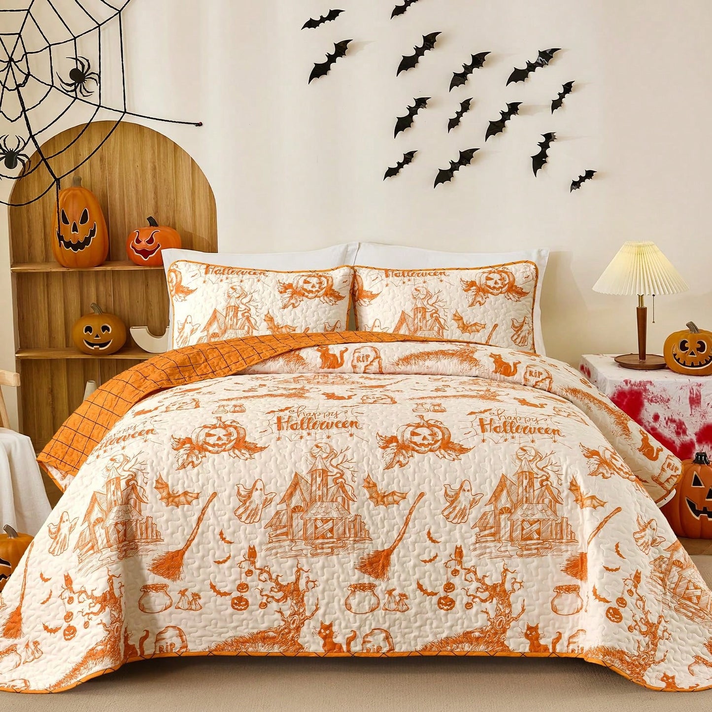 Halloween Quilt Set Queen,3 Pieces Halloween Bedding Set With 2 Pillowcases Ghost Festival Themed Pumpkin Comforter Cover Set Queen 96" X 90"