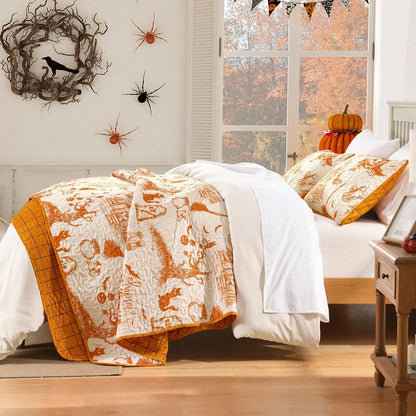 Halloween Quilt Set Queen,3 Pieces Halloween Bedding Set With 2 Pillowcases Ghost Festival Themed Pumpkin Comforter Cover Set Queen 96" X 90"