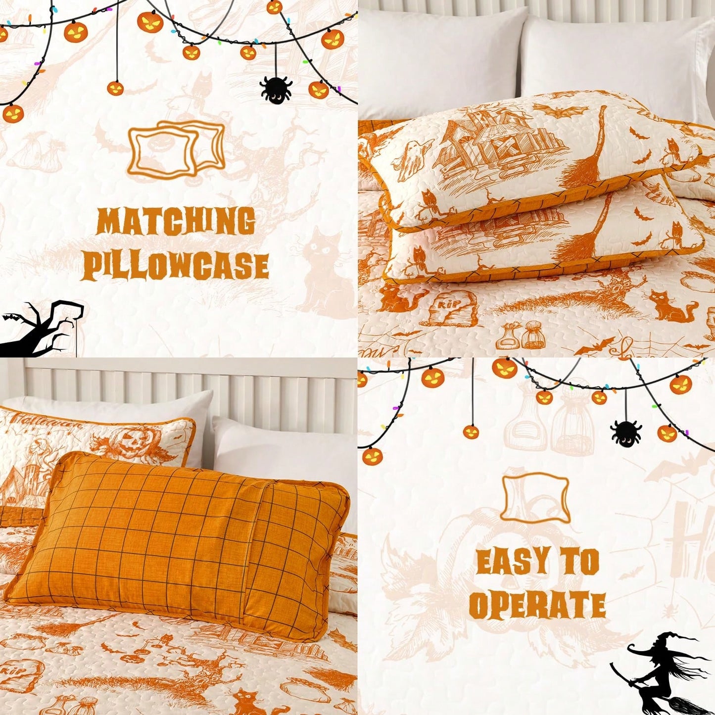 Halloween Quilt Set Queen,3 Pieces Halloween Bedding Set With 2 Pillowcases Ghost Festival Themed Pumpkin Comforter Cover Set Queen 96" X 90"