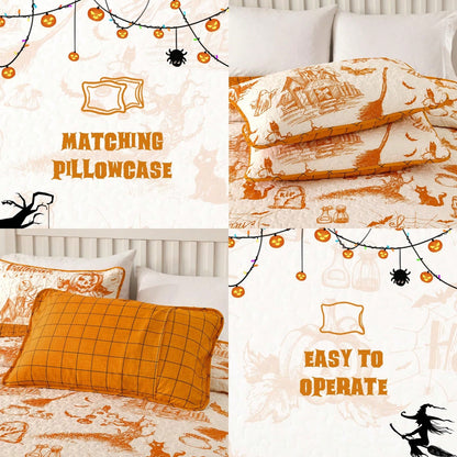 Halloween Quilt Set Queen,3 Pieces Halloween Bedding Set With 2 Pillowcases Ghost Festival Themed Pumpkin Comforter Cover Set Queen 96" X 90"