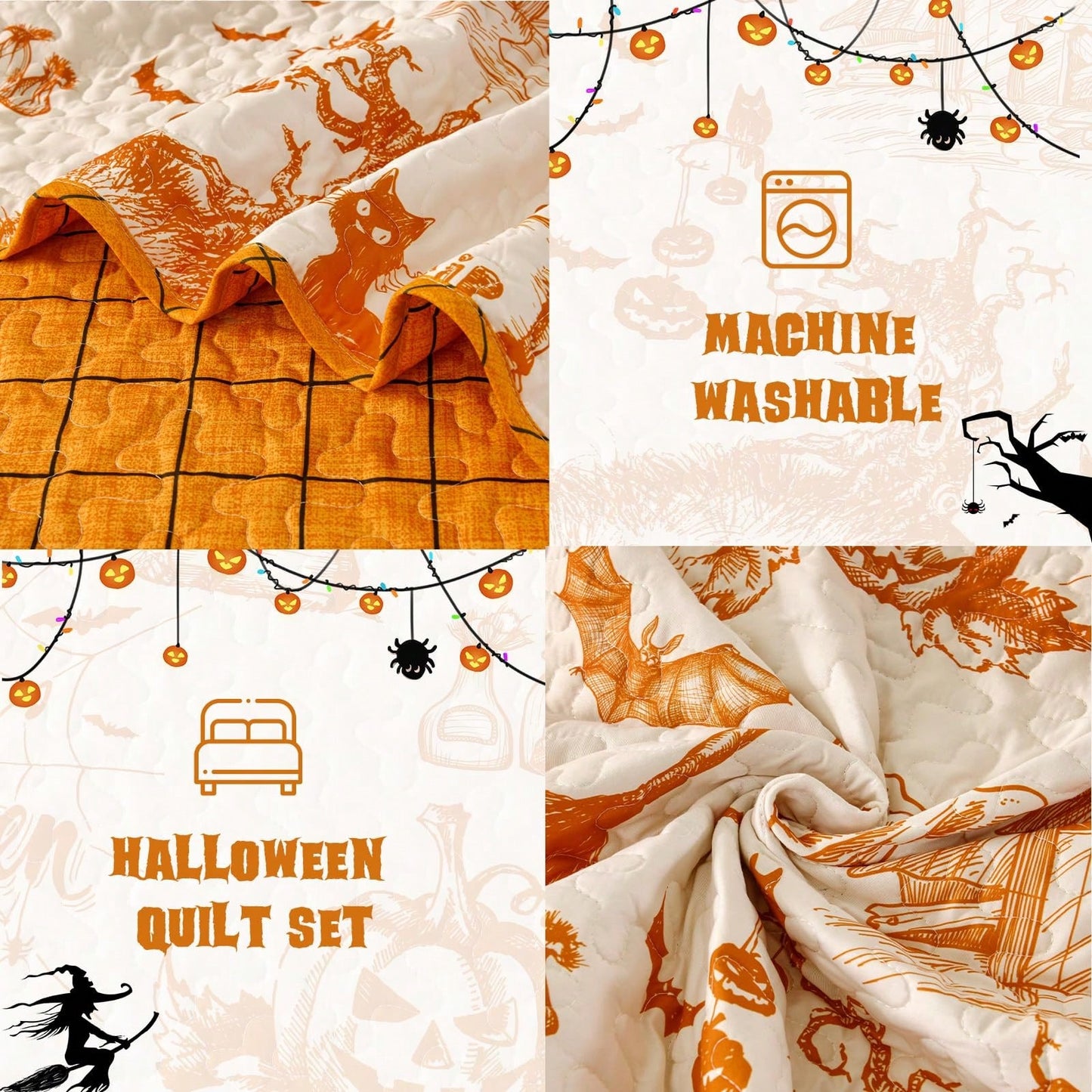 Halloween Quilt Set Queen,3 Pieces Halloween Bedding Set With 2 Pillowcases Ghost Festival Themed Pumpkin Comforter Cover Set Queen 96" X 90"