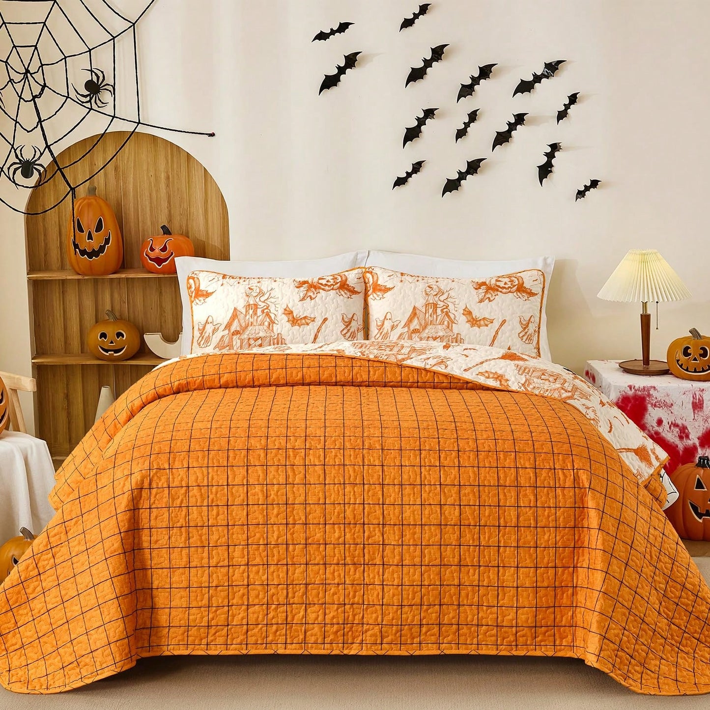 Halloween Quilt Set Queen,3 Pieces Halloween Bedding Set With 2 Pillowcases Ghost Festival Themed Pumpkin Comforter Cover Set Queen 96" X 90"