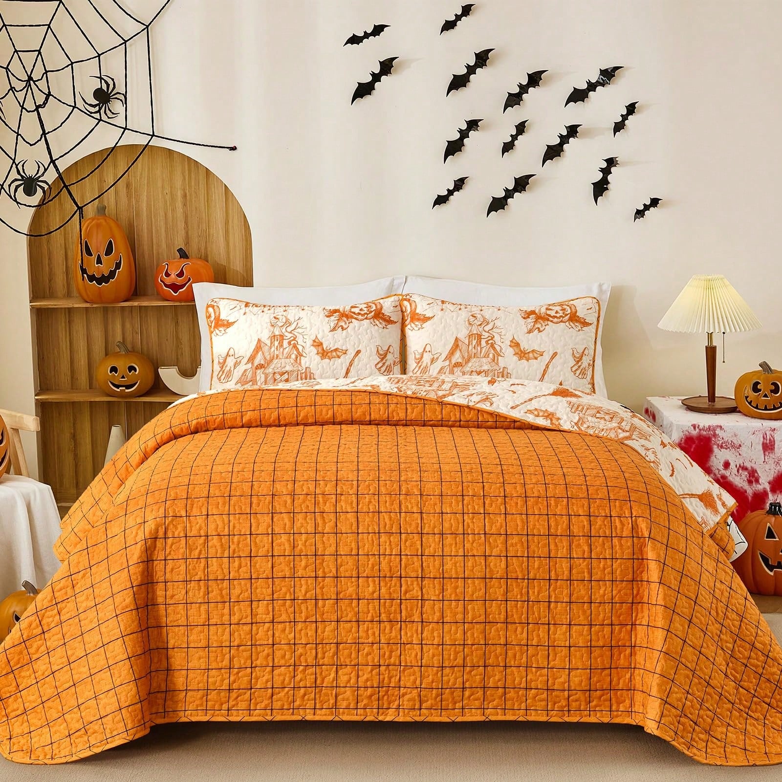 Halloween Quilt Set Queen,3 Pieces Halloween Bedding Set With 2 Pillowcases Ghost Festival Themed Pumpkin Comforter Cover Set Queen 96" X 90"