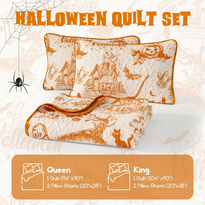 Halloween Quilt Set Queen,3 Pieces Halloween Bedding Set With 2 Pillowcases Ghost Festival Themed Pumpkin Comforter Cover Set Queen 96" X 90"
