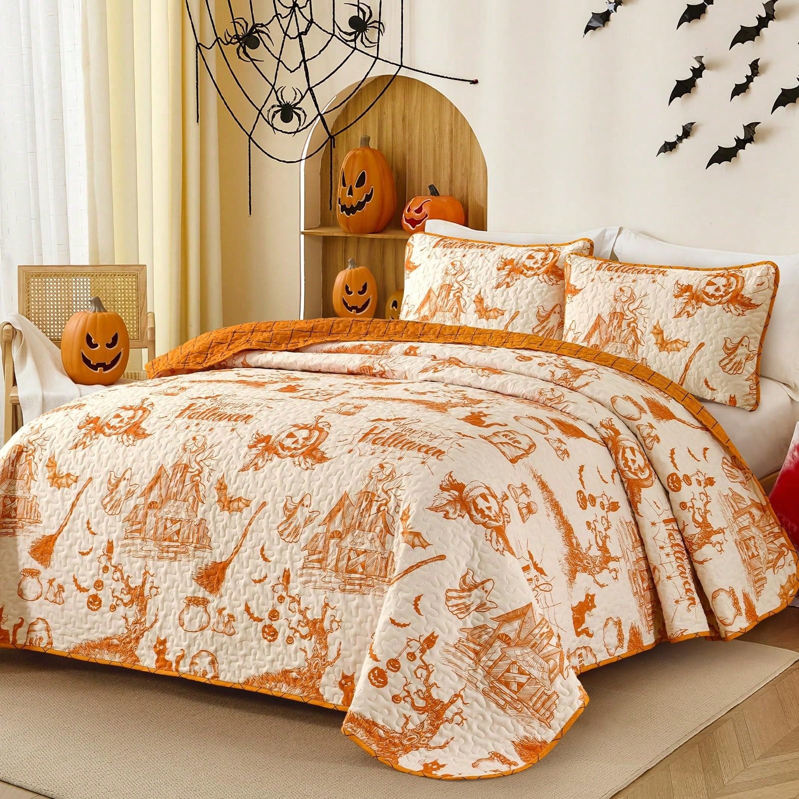 Halloween Quilt Set Queen,3 Pieces Halloween Bedding Set With 2 Pillowcases Ghost Festival Themed Pumpkin Comforter Cover Set Queen 96" X 90"