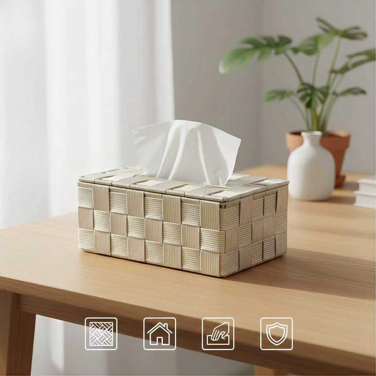Hand-Woven Polypropylene Tissue Box With Sturdy Iron Frame| Waterproof & Durable| Nordic Style| 4 Colors Available| Multi-Functional Storage Box, Suitable For Living Room, Bedroom, Bathroom And Of