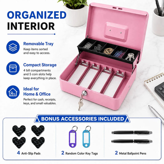 Handheld Cash Box, Portable Cash Box With Key Lock, Metal Cash Box With Coin Tray, Bill Compartments, Non-Slip Mat, Keychain, And Ballpoint Pen; Cash Storage Box With Lock For Office And Commercial Us