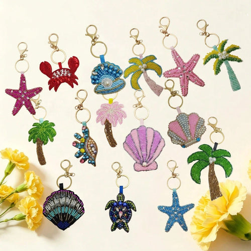 Handmade Beaded Keychain Set, Coconut Tree, Shell, Starfish Applique And Bag Charm, Car Interior Decoration Small Pendant, Summer Beach Bag Essential
