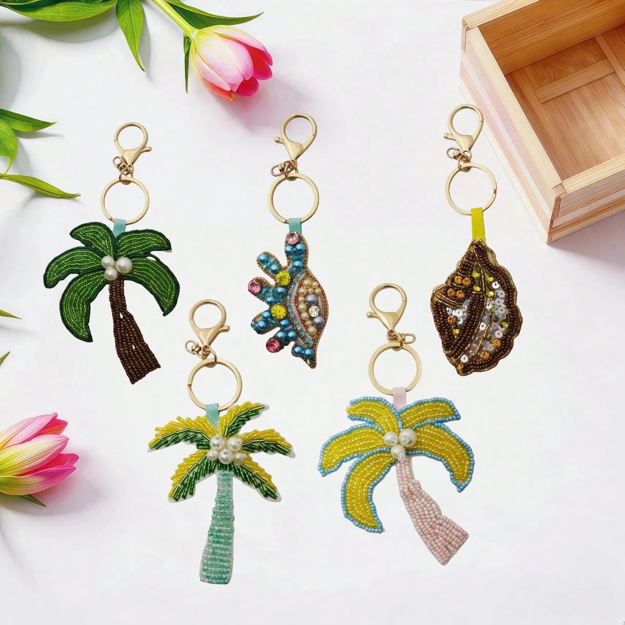 Handmade Beaded Keychain Set, Coconut Tree, Shell, Starfish Applique And Bag Charm, Car Interior Decoration Small Pendant, Summer Beach Bag Essential