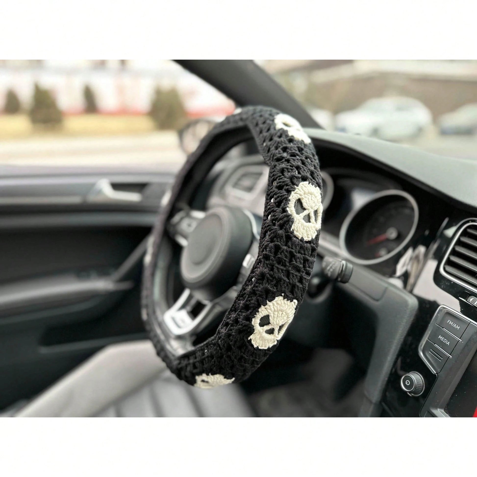 Handmade Crochet Skull Granny Square Car Steering Wheel Covers Universal 14-15 Inch For Women And Men