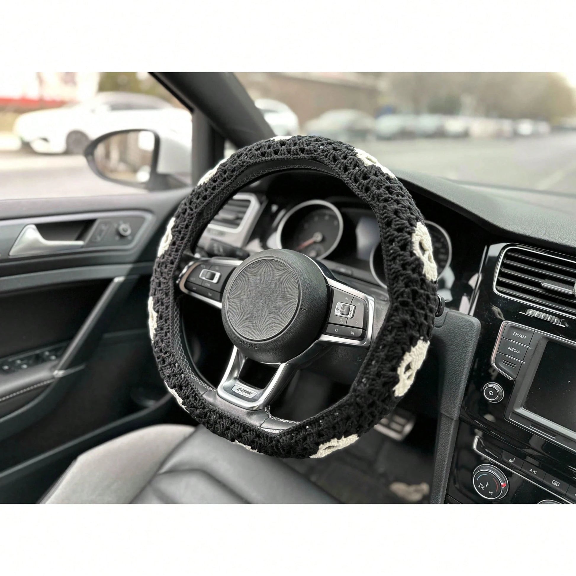 Handmade Crochet Skull Granny Square Car Steering Wheel Covers Universal 14-15 Inch For Women And Men