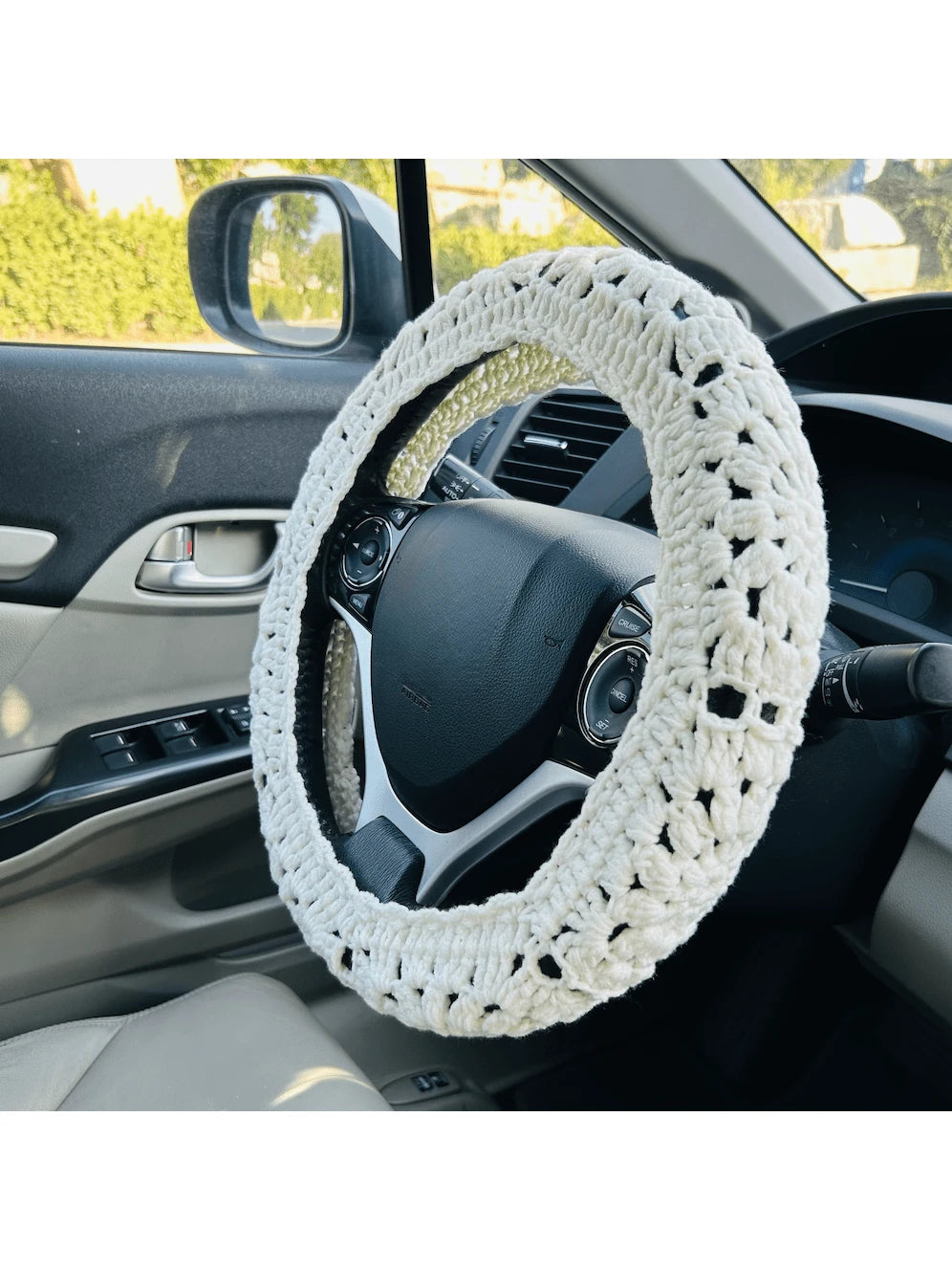 Handmade Crochet Steering Wheel Cover And Seat Belt Cover Headrest Cover Car Decor Set